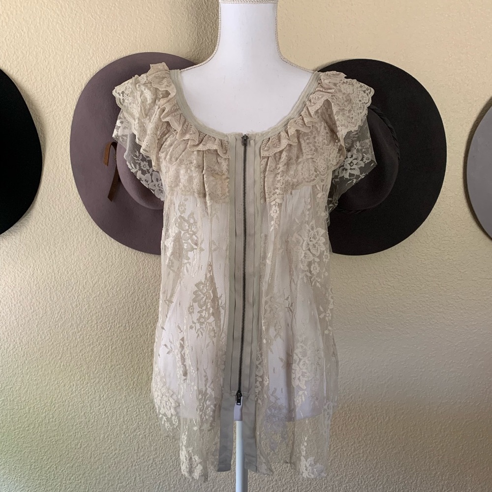 Free People Zip Up Lace and Ruffle Shirt